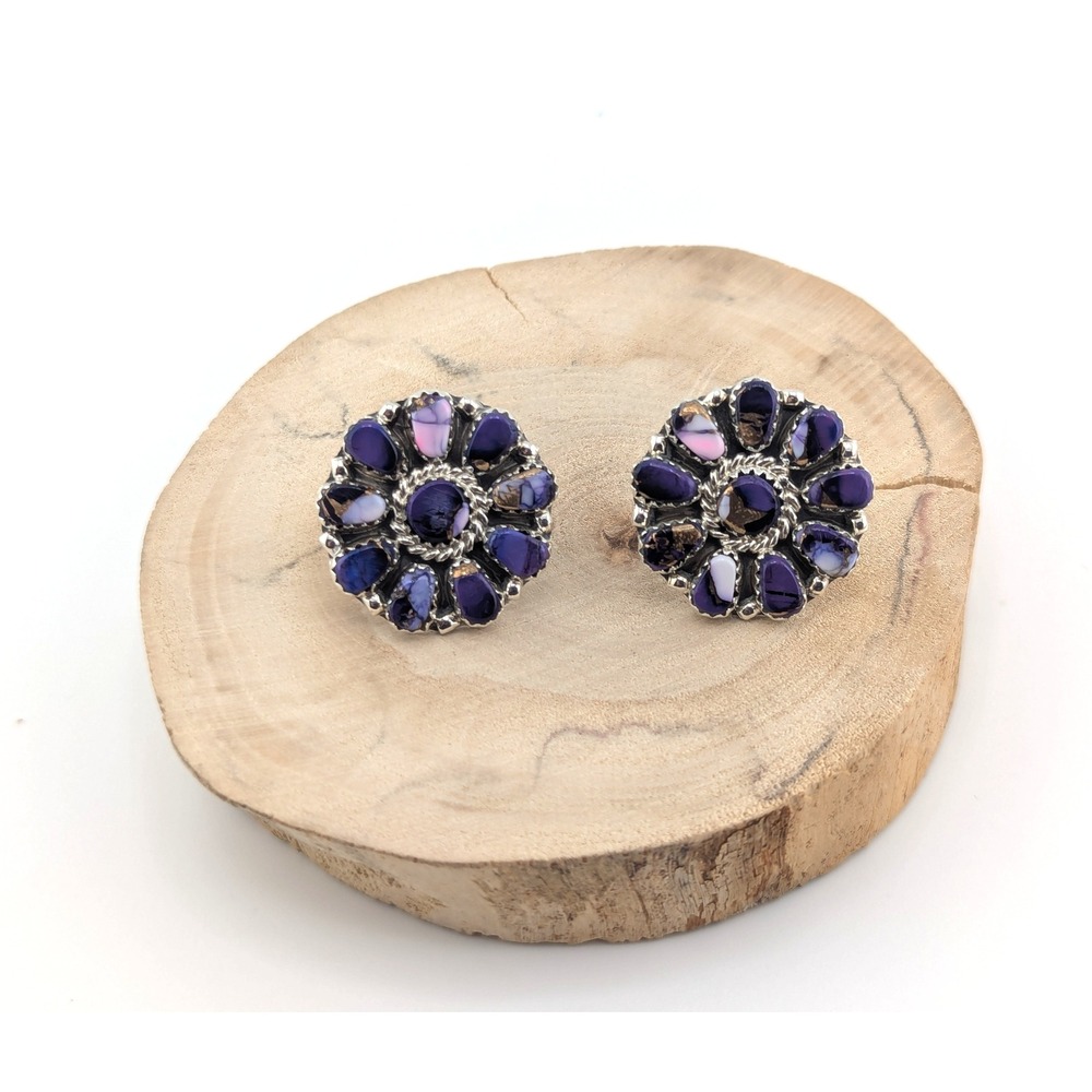 Navajo Purple‎ Dahlia Cluster Floral Stud Earrings Sterling Silver Jewelry **